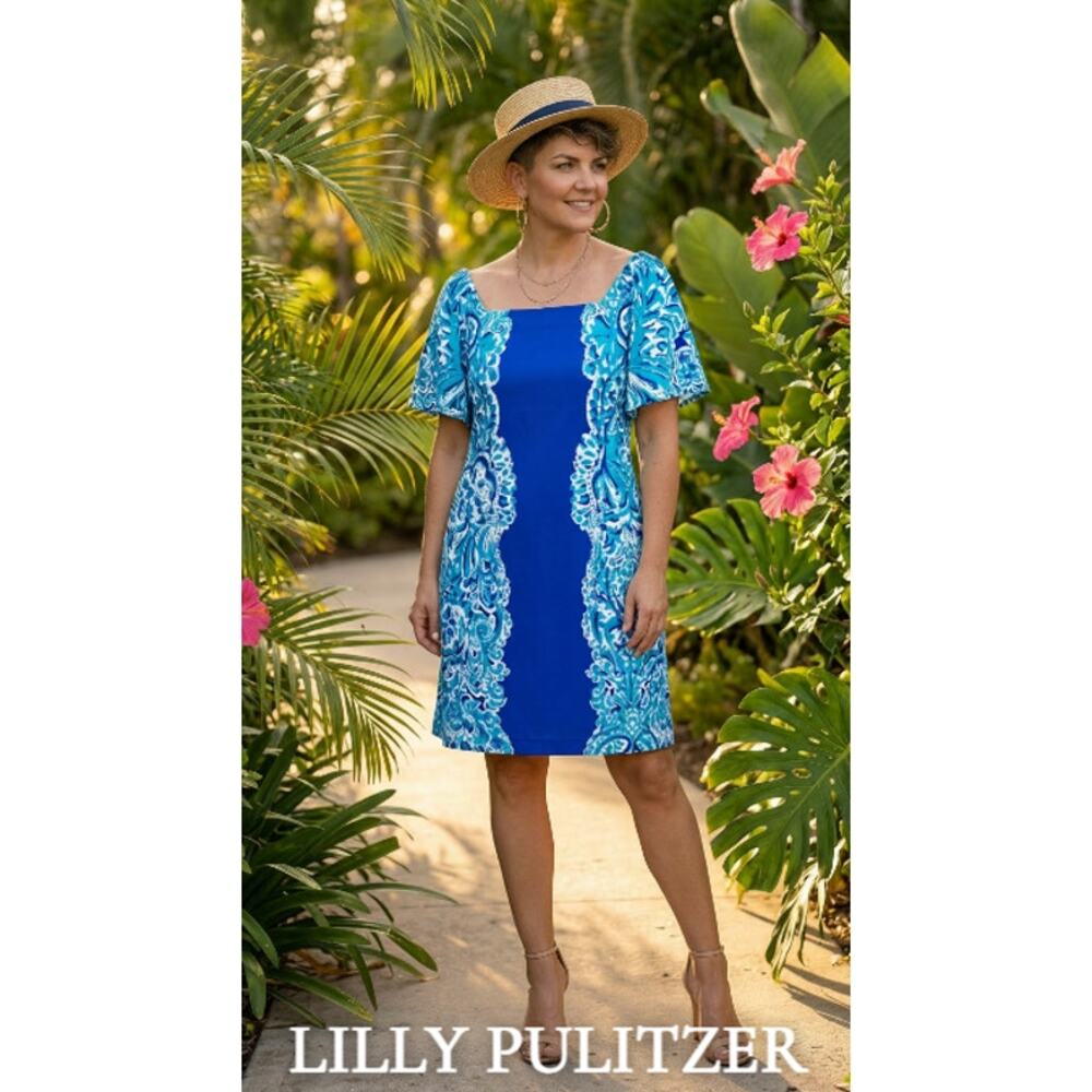 Lilly Pulitzer Off-the-Shoulder Dress – Size Medium – Blue Tropical Paisley